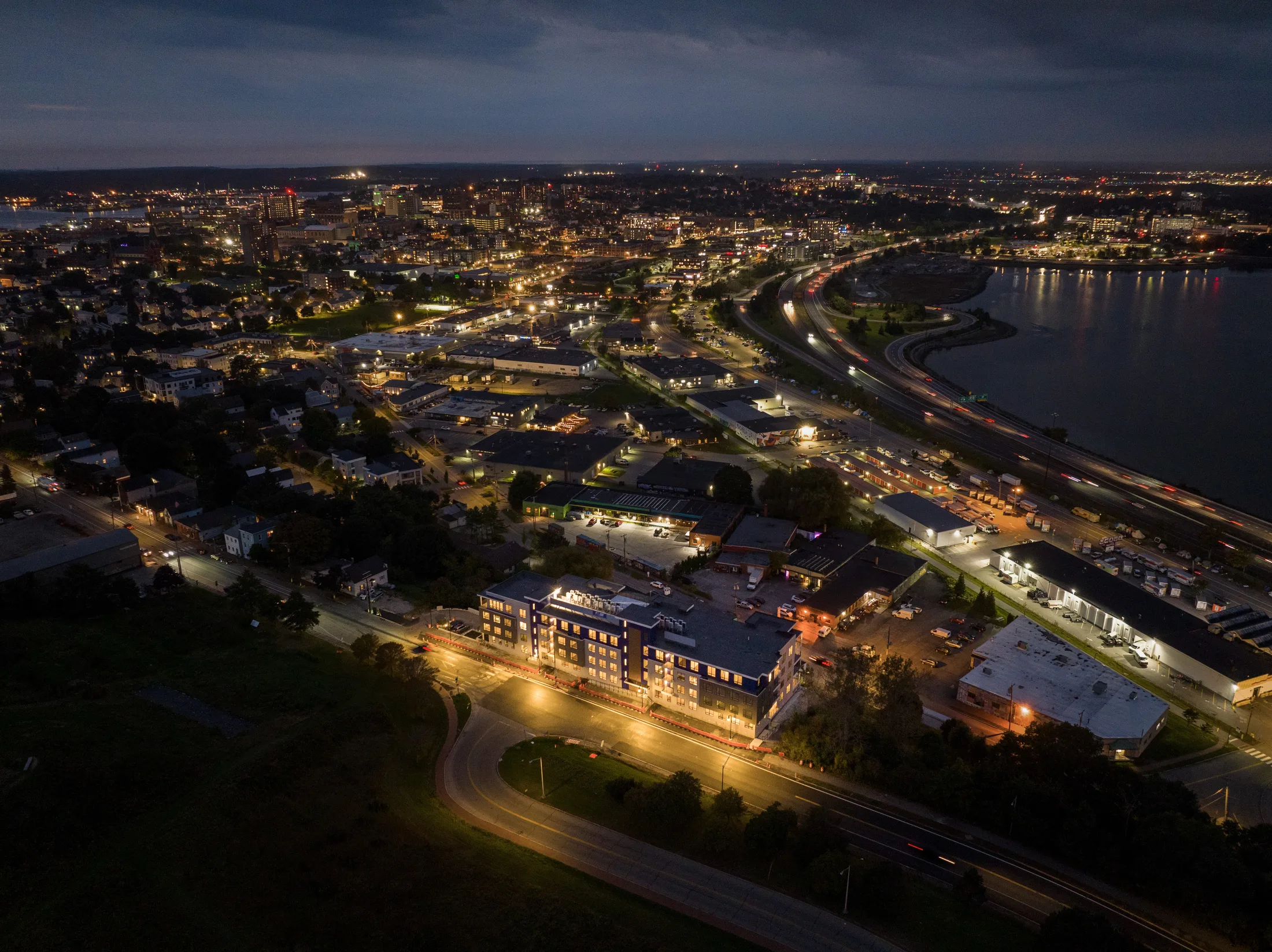 Aerial evening view across East Bayside and Portland from above 218 Washington Avenue